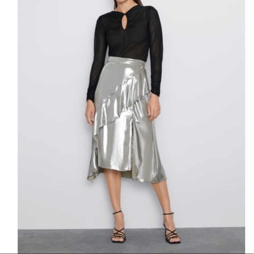Zara Metallic Silver Midi Skirt